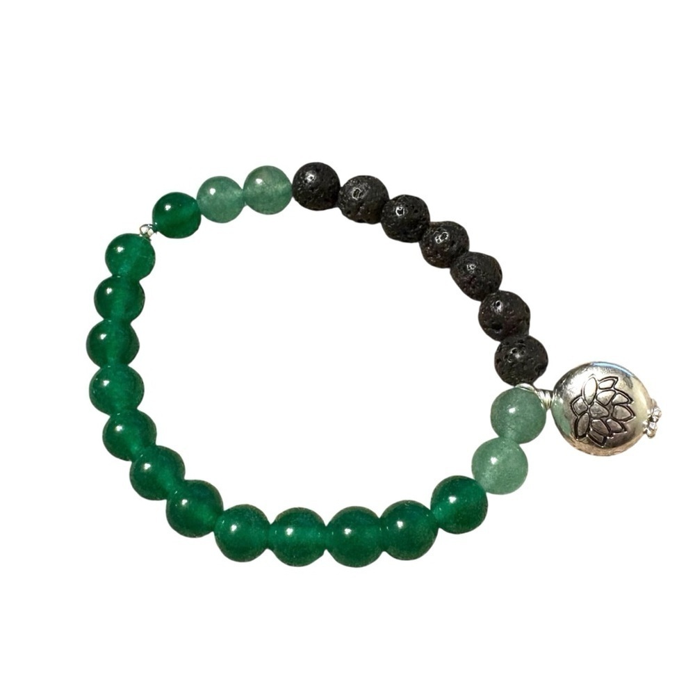 Green Aventurine and Natural Black Lava Beaded Bracelet with Silver Lotus Charm